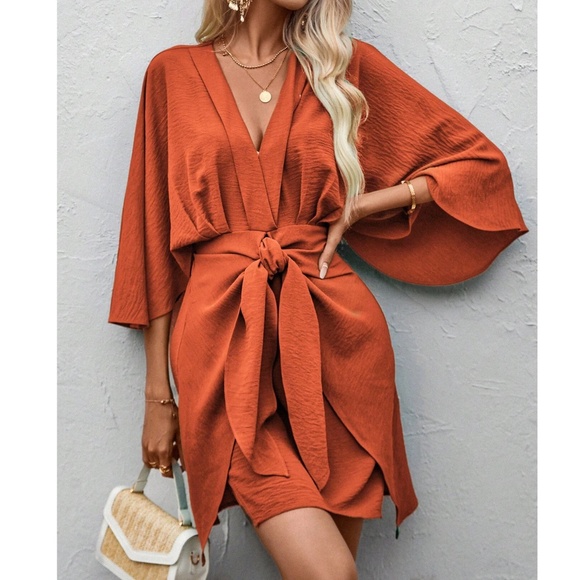 Solid V neck 3/4 Kimono Sleeve Stretchy Tie Waist Dress - Picture 5 of 7